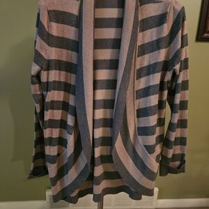 Striped Open-Front Women’s Cardigan Sweater - Gray & Taupe